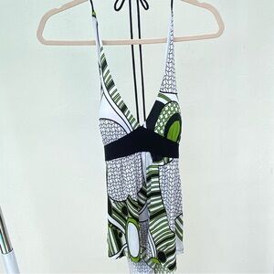 Y2K Green White Abstract Print Halter Top Size Medium